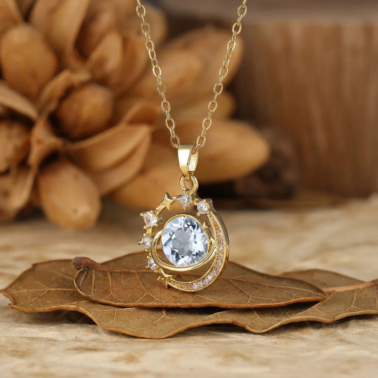 925 Argento Collana con Ciondolo Rotondo Sottile con Acquamarina, Luna e Stelle, Collana in Oro 14K