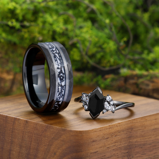 Noble Natural Black Onyx Accents Engagement Couples Ring Promise Wedding Bands For Men And Women