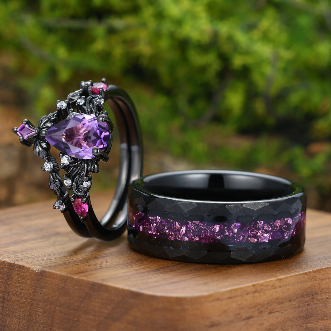 Scrollwork Natural Amethyst Rings For Couple Purple Amethyst Engraved Floral His And Hers Ring Set