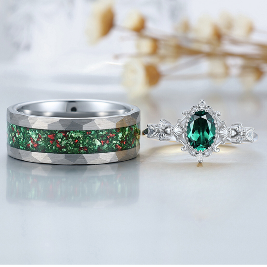 Baroque-inspired Green Emerald Couple Rings Unique Scrollwork Matching Rings For Couples