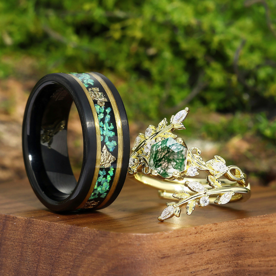 Hexagon Cut 0.85CT Moss Agate Ring Matching Blue Green Opal Tungsten Anniversary Couples Ring Set