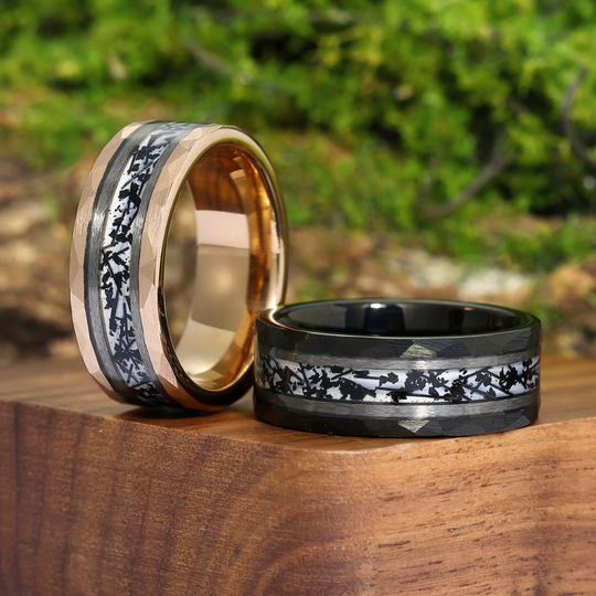 Stylish Black Rutilated Quartz Tungsten Couple Rings His And Hers Matching Wedding Bands