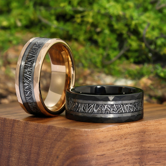 Tungsten Wedding Band With White Meteorite 8mm His And Hers Couples Ring Set