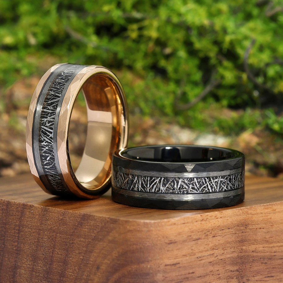 Tungsten Wedding Band With White Meteorite 8mm His And Hers Couples Ring Set
