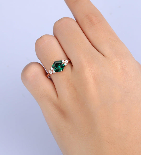 7mm Unique Hexagon Cut Emerald Engagement Ring 14k Rose Gold Ring Art Deco Emerald Wedding Ring - Esdomera