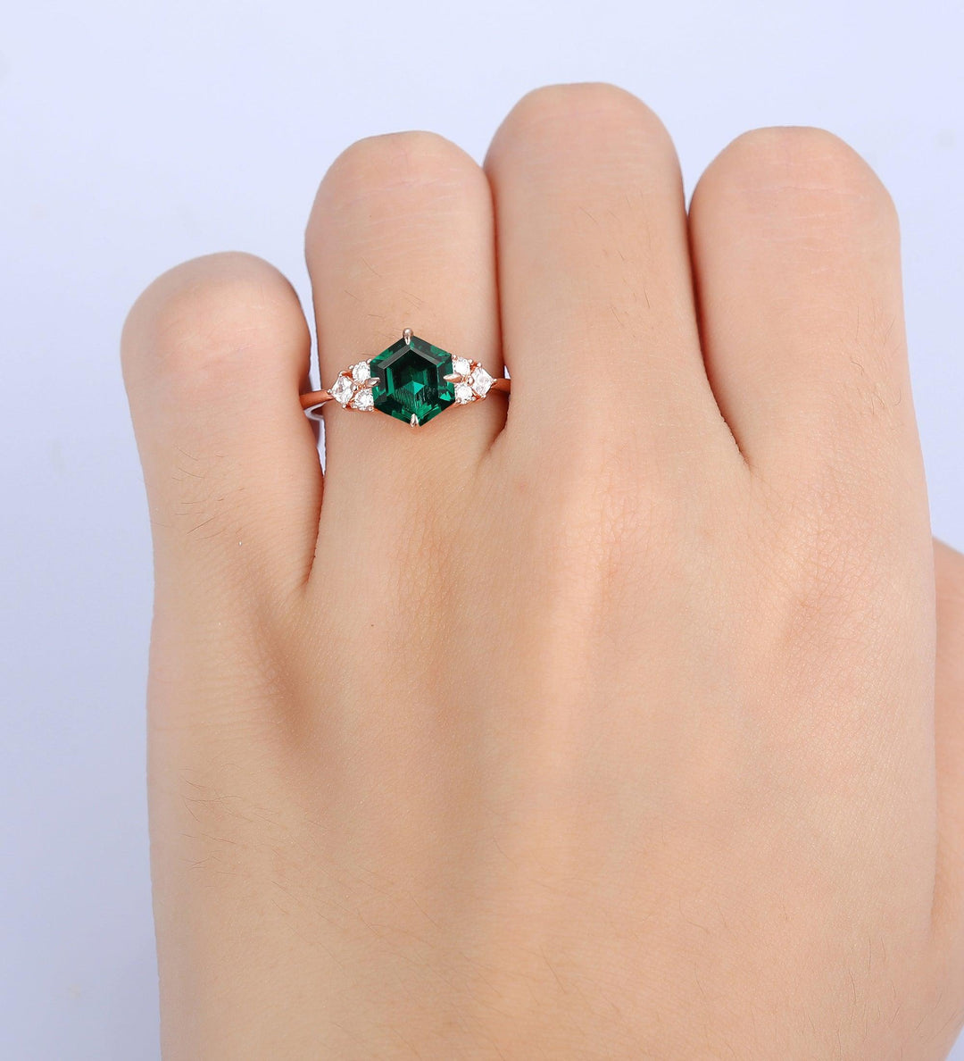 7mm Unique Hexagon Cut Emerald Engagement Ring 14k Rose Gold Ring Art Deco Emerald Wedding Ring - Esdomera