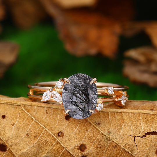 7x9mm Natural Black Rutilated Quartz Engagememt Ring Women Dainty Moissanite Wedding Ring - Esdomera