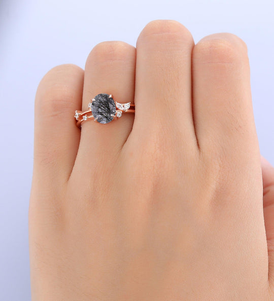 7x9mm Natural Black Rutilated Quartz Engagememt Ring Women Dainty Moissanite Wedding Ring - Esdomera