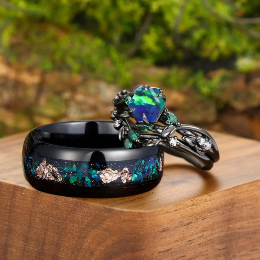 Leaf Design Peacock Green Opal Sprig Engagement Rings Set For Couples Matching Tungsten Promise Rings Couples Set -  Esdomera.com