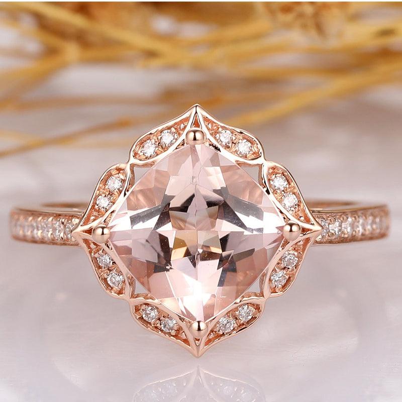 Cushion Cut 8x8mm Natural Morganite 14k Rose Gold Halo Promise Anniversary Ring For Lover - Esdomera