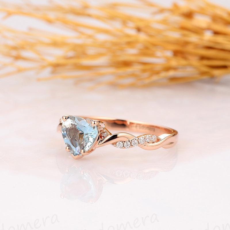 Heart Shape 1CT Natural Aquamarine Rope Style14k Rose Gold Engagement Ring - Esdomera