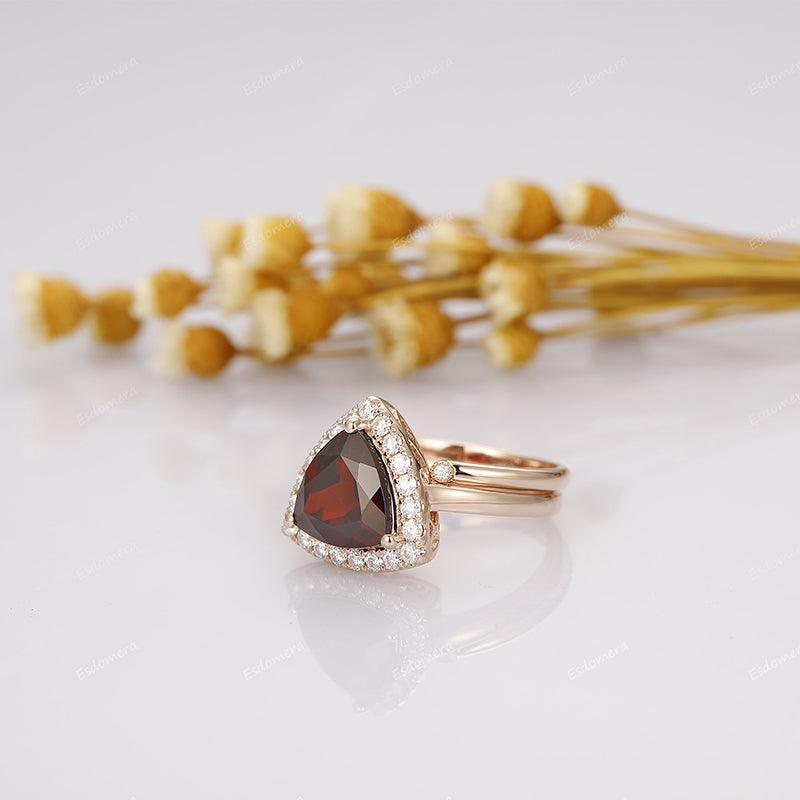 Natural Red Garnet Trillion Cut 3CT Garnet 14k Rose Gold , Handmade Jewelry Anniversary Ring - Esdomera