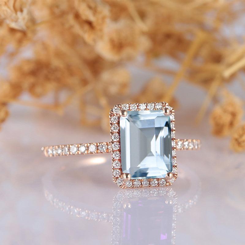 Halo Emerald Cut Natural Aquamarine 14k Rose Gold Half Eternity Anniversary Ring - Esdomera