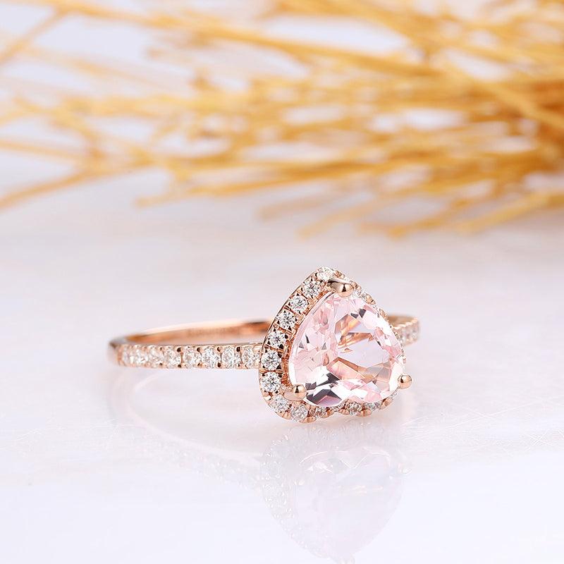 Heart Shape 1CT Morganite Halo Pave Accents 14k Rose Gold Stack Ring - Esdomera