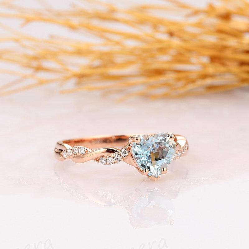 Heart Shape 1CT Natural Aquamarine Rope Style14k Rose Gold Engagement Ring - Esdomera