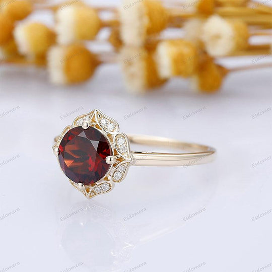Delicate Floral Round Cut 1.5CT Natural Red Garnet Ring 14k White Gold Plain Band Design - Esdomera