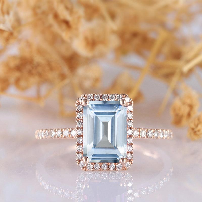 Halo Emerald Cut Natural Aquamarine 14k Rose Gold Half Eternity Anniversary Ring - Esdomera