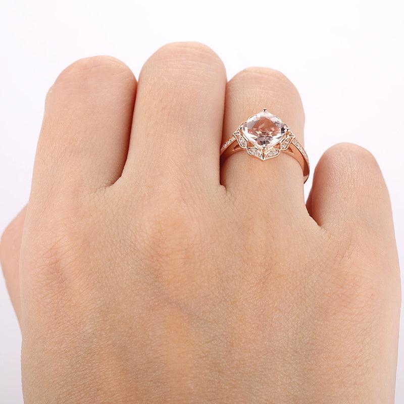 Cushion Cut 8x8mm Natural Morganite 14k Rose Gold Halo Promise Anniversary Ring For Lover - Esdomera