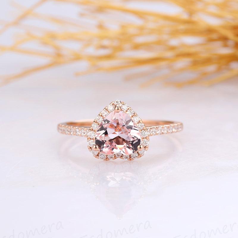 Heart Shape 1CT Morganite Halo Pave Accents 14k Rose Gold Stack Ring - Esdomera