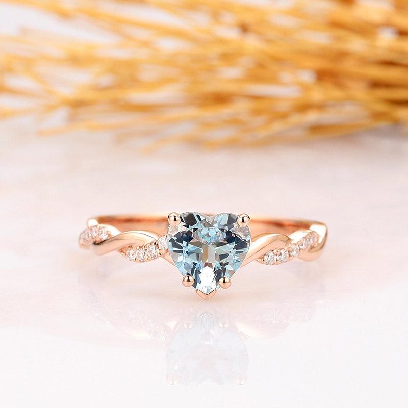 Heart Shape 1CT Natural Aquamarine Rope Style14k Rose Gold Engagement Ring - Esdomera