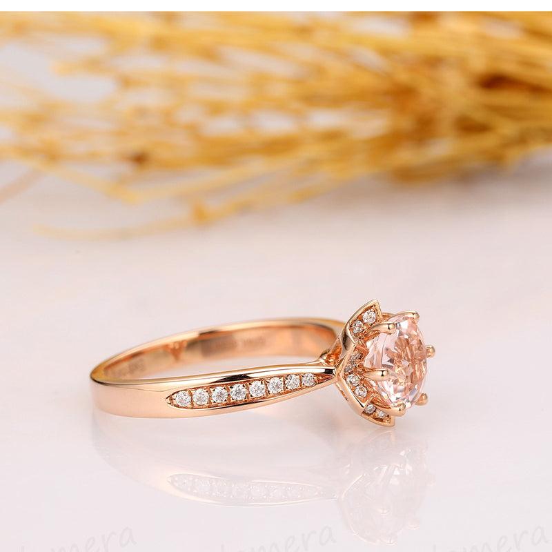 14k Rose Gold Floral Round 1CT Morganite Flower Accents Stack Ring - Esdomera