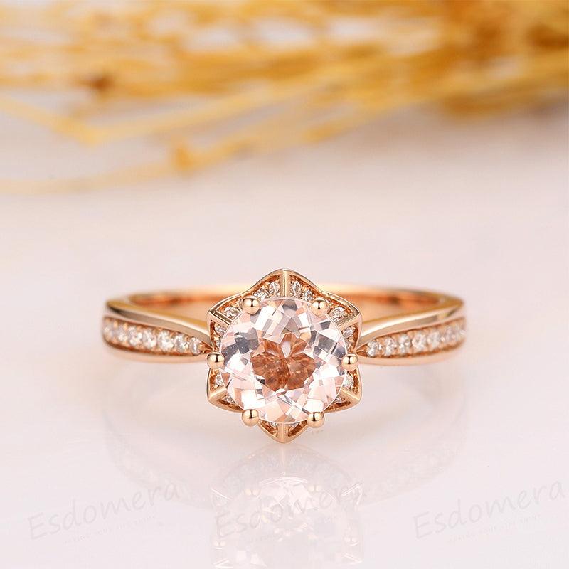 14k Rose Gold Floral Round 1CT Morganite Flower Accents Stack Ring - Esdomera