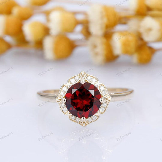 Delicate Floral Round Cut 1.5CT Natural Red Garnet Ring 14k White Gold Plain Band Design - Esdomera