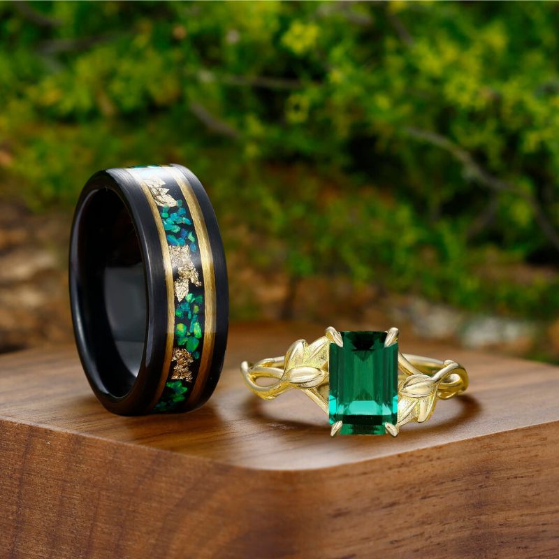 Unique Emerald Engagement Couples Ring Set S925 Yellow Gold Plated And Tungsten Matching Ring