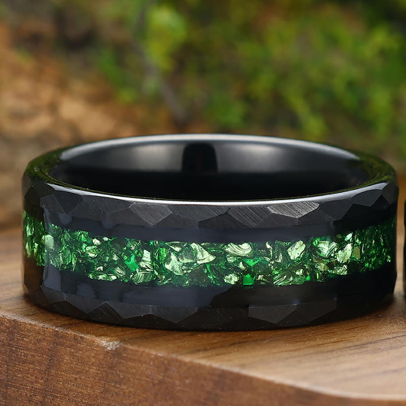 Crushed Green Emerald Tungsten Wedding Band 6mm 8mm Hammered Couple Ring Set