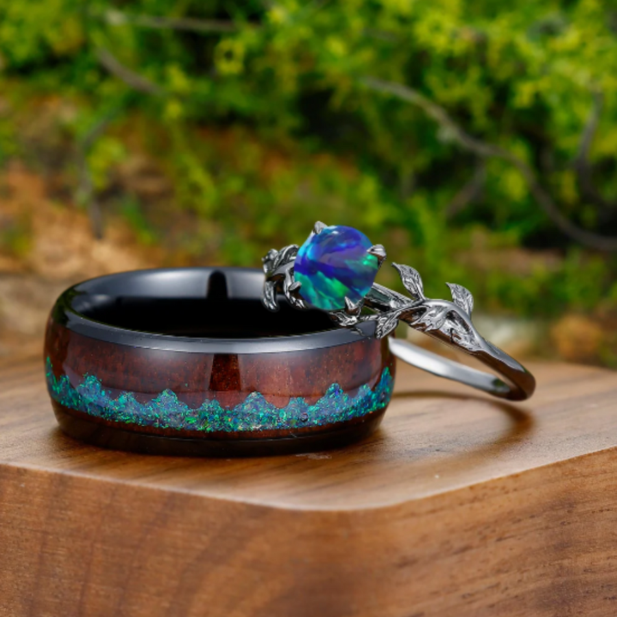Leaf Design Peacock Green Opal Engagement Couples Ring Set  And Tungsten Matching Ring -  Esdomera.com