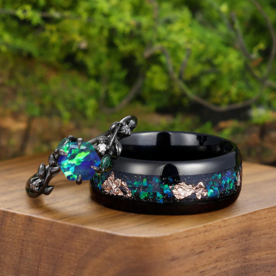 Unique and Elegant Peacock Green Opal Couples Ring Set Tungsten Matching Ring His and Hers Wedding Ring Set -  Esdomera.com
