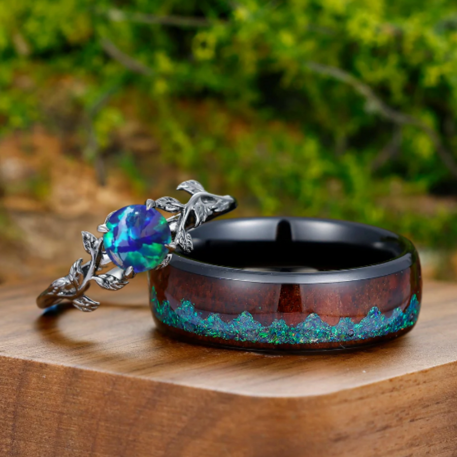 Leaf Design Peacock Green Opal Engagement Couples Ring Set  And Tungsten Matching Ring -  Esdomera.com