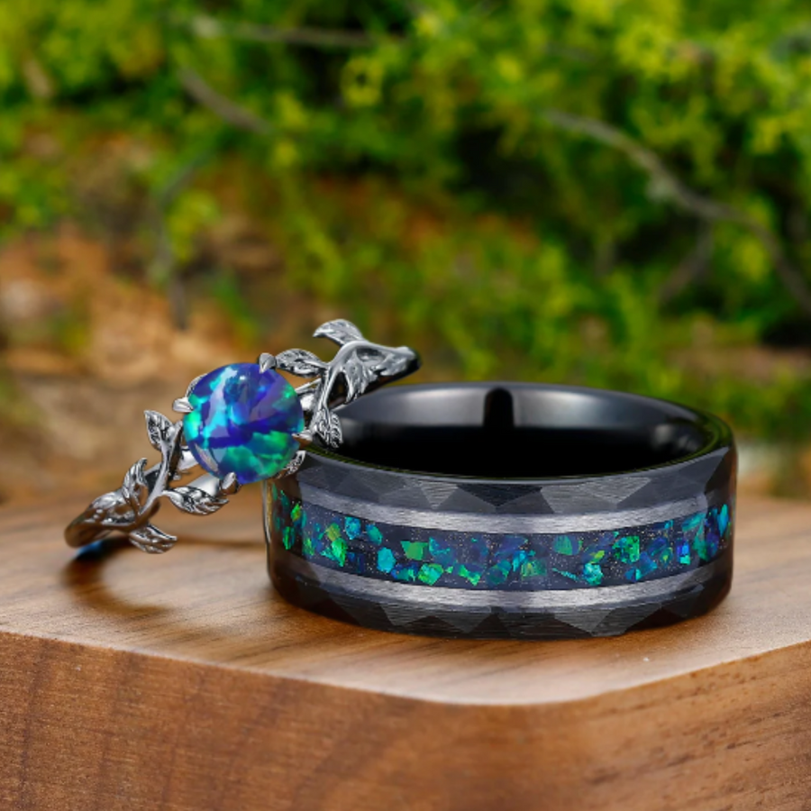Leaf Design Peacock Green Opal Engagement Couples Ring Set Sterling Silver And Tungsten Matching Ring -  Esdomera.com