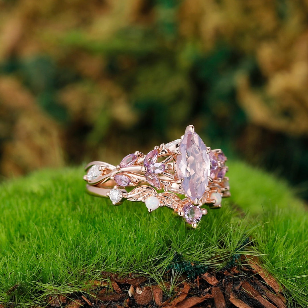 Vintage Leaf-inspired Marquise Cut Natural Lavender Amethyst Engagement Ring Sets Rose Gold Art Deco Branch Women Wedding Ring