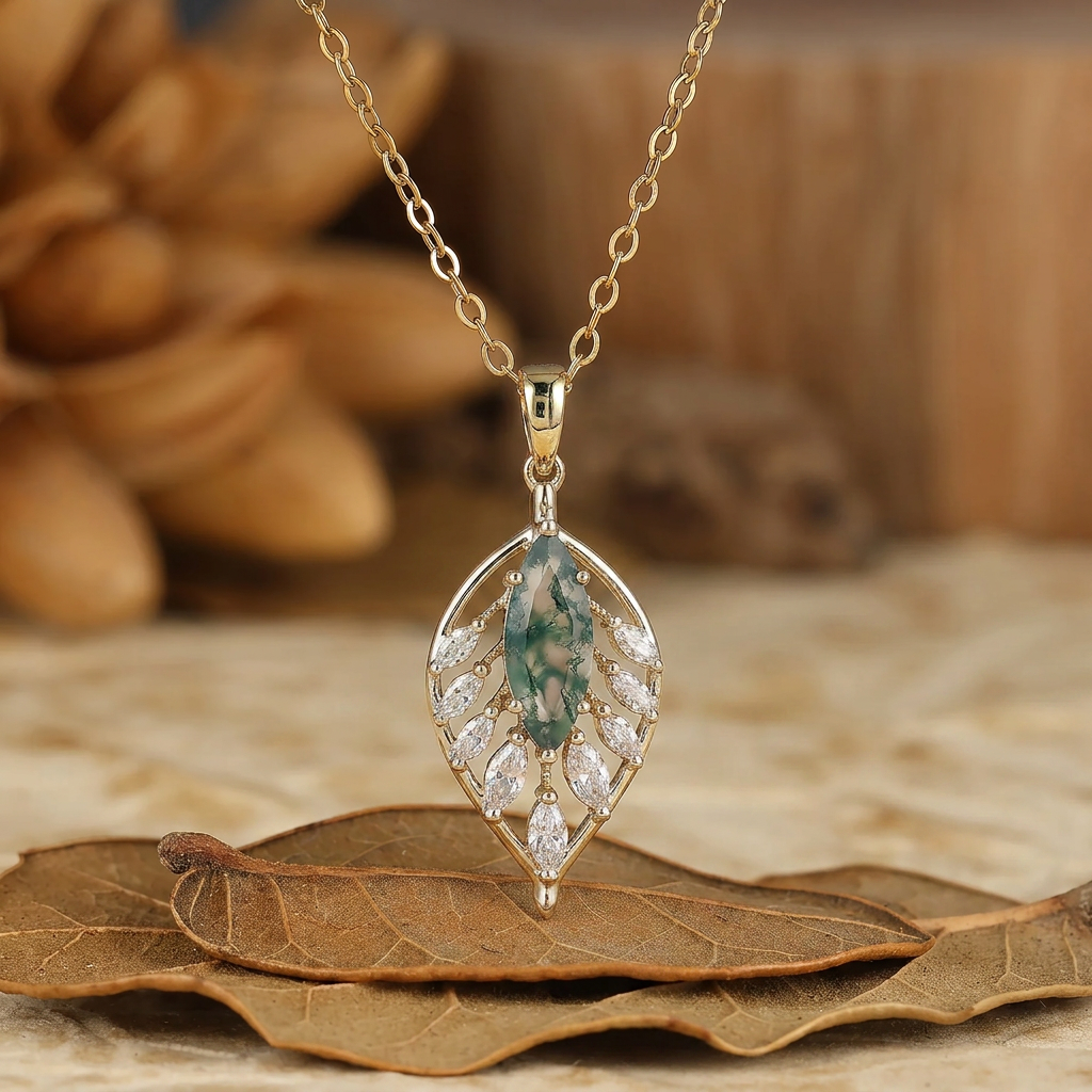 925 Argento Collana con Pendente a Forma di Piuma/Foglia Marquise con Acquamarina, Collana in Oro 14K per Donna