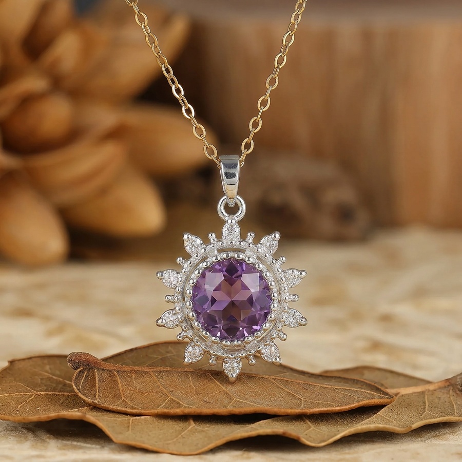 Delicaat Rond Geslepen Amethist Zon Halo Hanger Ketting 14K Gouden Ketting
