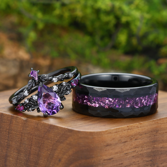 Scrollwork Natural Amethyst Rings For Couple Purple Amethyst Engraved Floral His And Hers Ring Set