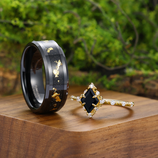 Delicate Black Onyx Half Eternity Engagement Couples Ring His And Hers Gold Black Tungsten Matching Wedding Band