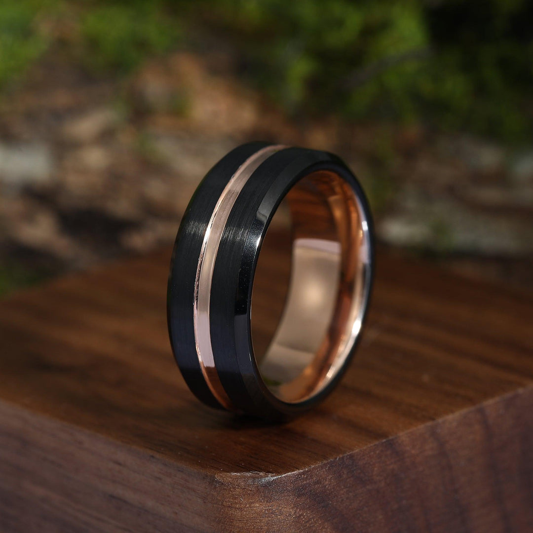 8mm Black Hammered Rose Gold Obsidian Black Tungsten Ring Men's Tungsten Wedding Ring - Esdomera