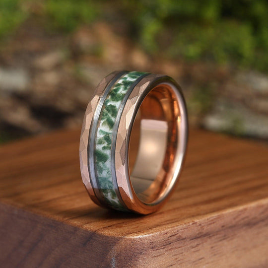 Moss Agate Inlaid Hammer Rose Gold Tungsten Wedding Ring Men’ s Unisex Ring