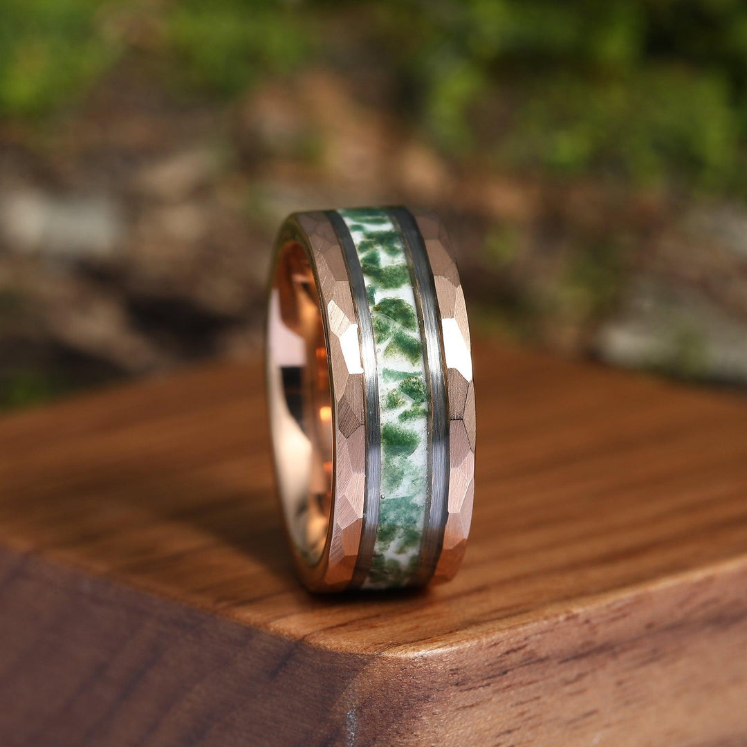 Moss Agate Inlaid Hammer Rose Gold Tungsten Wedding Ring Men’ s Unisex Ring