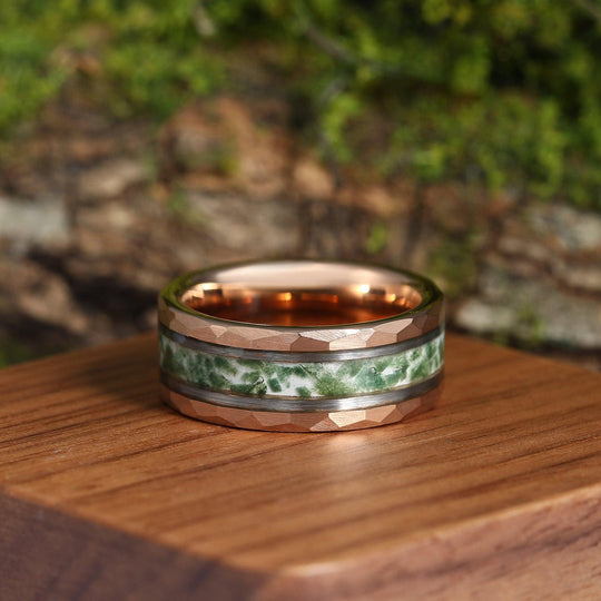 Moss Agate Inlaid Hammer Rose Gold Tungsten Wedding Ring Men’ s Unisex Ring