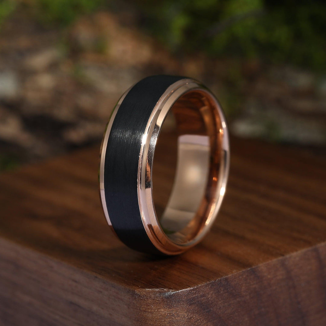 8mm Obsidian Rose Gold Tungsten Wedding Ring His and Hers Black simple wedding band Gift - Esdomera