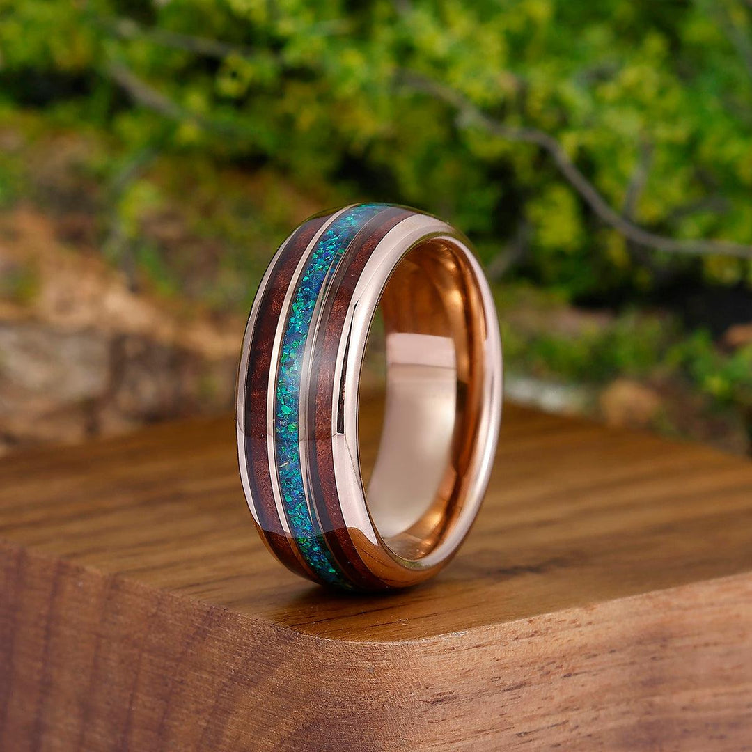 8mm Peacock Blue Opal Wood Tungsten Wedding Band Glossy Substantial Men' s Unisex Ring - Esdomera