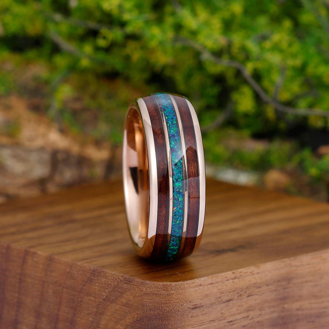 8mm Peacock Blue Opal Wood Tungsten Wedding Band Glossy Substantial Men' s Unisex Ring - Esdomera