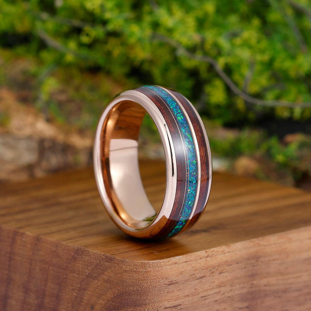 8mm Peacock Blue Opal Wood Tungsten Wedding Band Glossy Substantial Men' s Unisex Ring - Esdomera