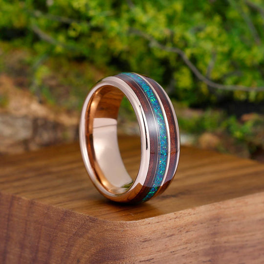 8mm Peacock Blue Opal Wood Tungsten Wedding Band Glossy Substantial Men' s Unisex Ring - Esdomera