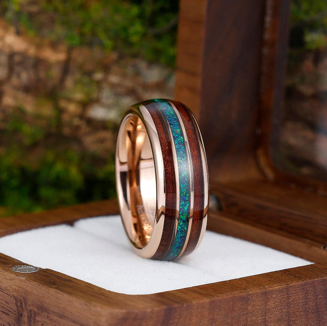 8mm Peacock Blue Opal Wood Tungsten Wedding Band Glossy Substantial Men' s Unisex Ring - Esdomera