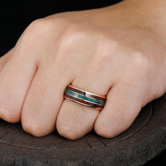 8mm Peacock Blue Opal Wood Tungsten Wedding Band Glossy Substantial Men' s Unisex Ring - Esdomera