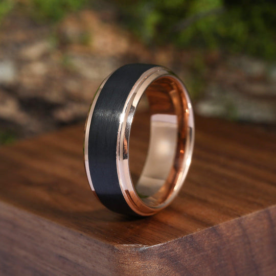 8mm Polished Black Brushed Rose Gold Tungsten Ring Men’s Anniversary Ring - Esdomera